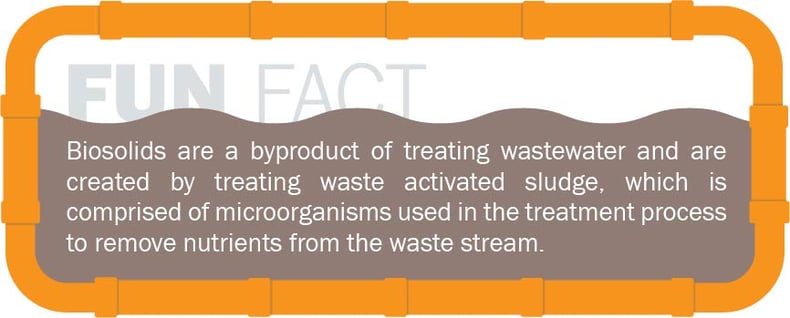 Fun fact: biosolids are a byproducpt of treating wastewater. Biosolids are created by treating waste activated sludge, which is comprised of microorganisms used in the treatment process to remove nutrients from the waste stream.